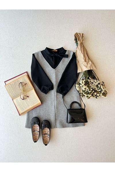 KÜÇÜĞÜM BUTİK Girl's Gray Stamped Winter V-Neck Gilet Dress