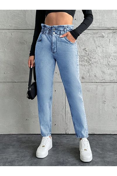 SHEVEGA Women's Light Blue Belt Drawsting Elastic Mom Jeans Pants