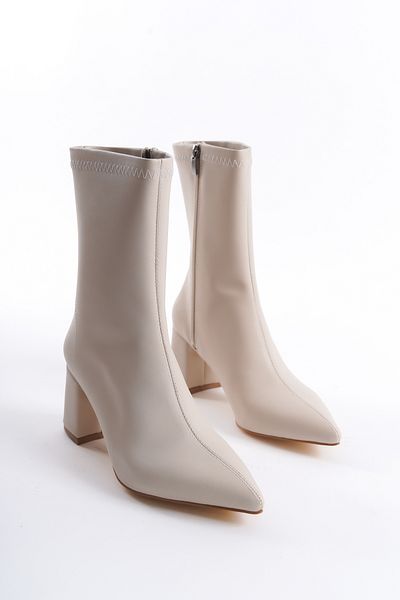 CİMİLİ SHOES Γυναικείες μπότες με μεσαίο τακούνι σε μπεζ δέρμα