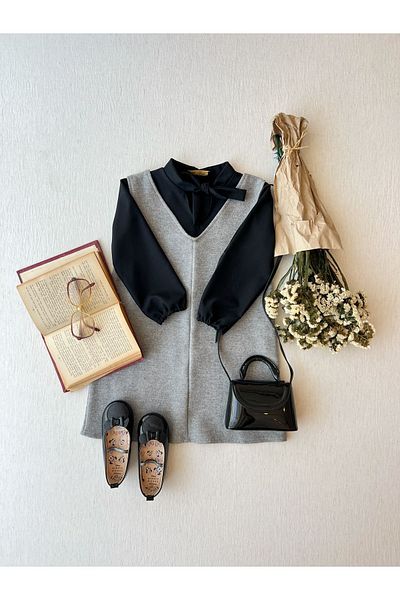 KÜÇÜĞÜM BUTİK Girl's Gray Stamped Winter V-Neck Gilet Dress