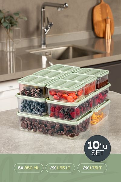 Vienev 10-Piece Refrigerator Freezer Organizer and Storage Container Mint 6X(350ml) 2X(1.65Lt) 2X(1.75Lt)