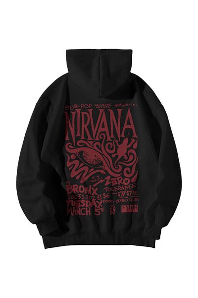 GlowUP Black Women Men Oversize Hooded Nirvana Poster Printed Sweatshirt
