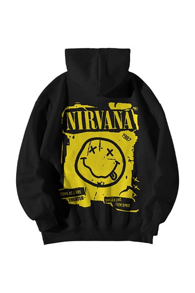 GlowUP Black Women's Men's Oversize Hooded Nirvana Smile Printed Sweatshirt