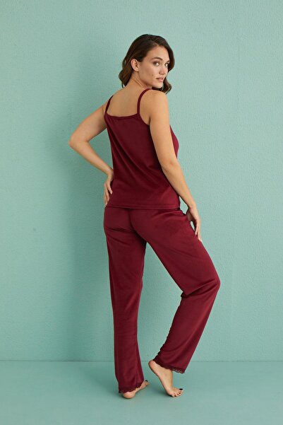 Kompedan Kadın Kadife Sabahlıklı Altı Uzun 3'lü Pijama Takımı | Bordo13402-5