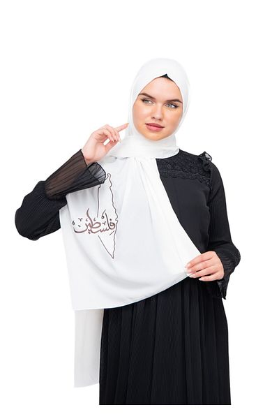 Zaytoon Brown Embroidered Polyster Shawl - Palestinian Map and Arabic Word S 100021