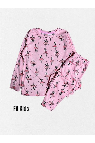 elmas kids Set de pijamale de iarnă cu mânecă lungă, 100% bumbac, roz pentru balerină