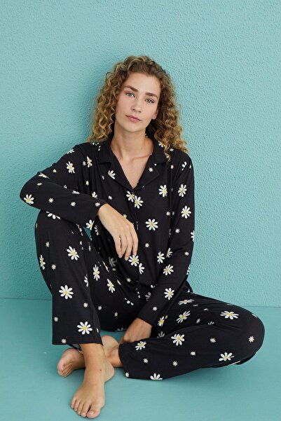 Kompedan Kadın Genç Önden Düğmeli Uzun Kollu Pijama Takımı | Siyah 50701-81