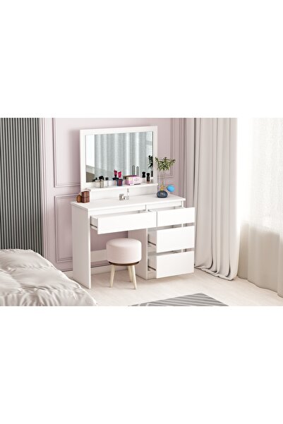 AYMOBSAN Duru Makyaj Masası, 4 Çekmeceli, Aynalı, Raflı, Beyaz