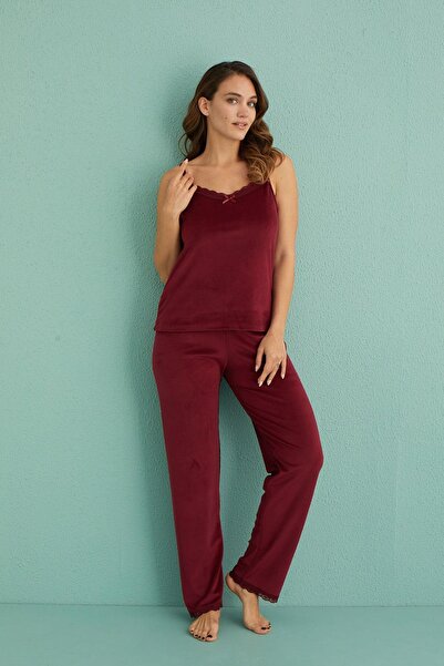 Kompedan Kadın Kadife Sabahlıklı Altı Uzun 3'lü Pijama Takımı | Bordo13402-5