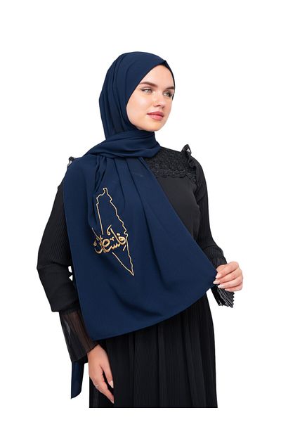 Zaytoon Navy Blue Polyster Shawl - Παλαιστινιακός χάρτης και κίτρινο κεντημένο αραβικό S 100022