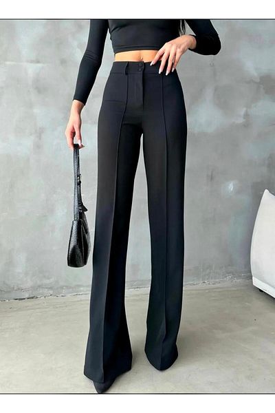 ŞULE BUTİK High Waist Full Licra with Double Button Stricked Bol Leg Pants