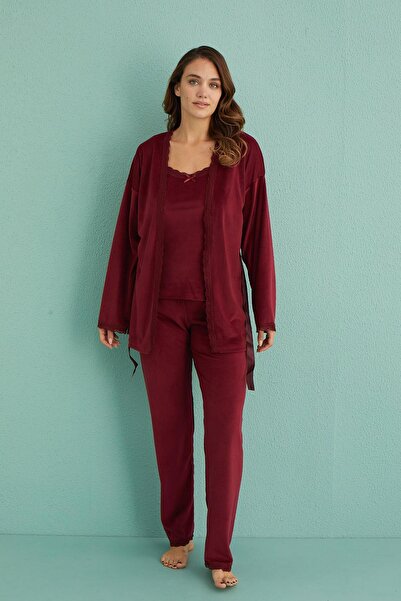 Kompedan Kadın Kadife Sabahlıklı Altı Uzun 3'lü Pijama Takımı | Bordo13402-5