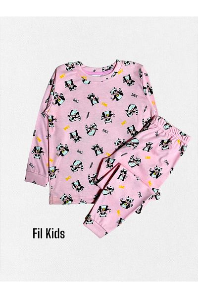 elmas kids Girl's 100% Pink Raccoon Print Long Sleeve Winter Pajamas Set