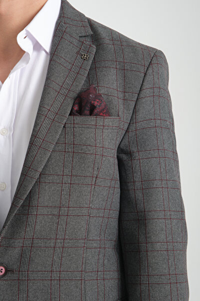 Frappoli Opera Erkek Siyah - Bordo Ekose Slim Fit Mono Yaka Spor Blazer Ceket