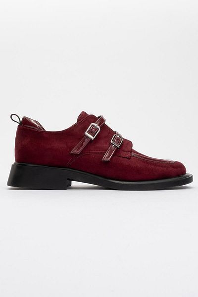 Ccway Burgundy Suede College Shoes - Buckle and Patent Leather