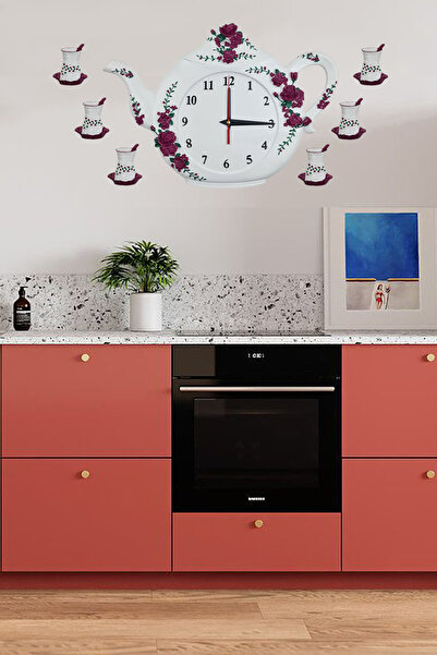 AYDİZAYN Mutfak Duvar Saati Polyester Çaydanlık Ve 6 Bardak - Mor