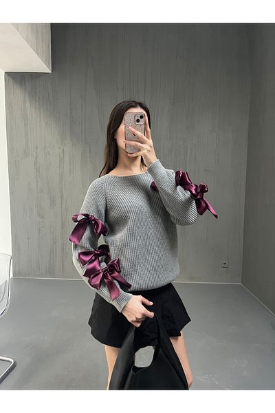 NİLZA Trendy Knitwear Sweater with Bow Ribbon Detail and Crew Neck