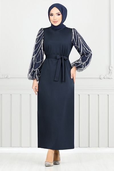 ModaMerve Silvery Sleeves Hijab Evening Dress 5601End900-M Navy