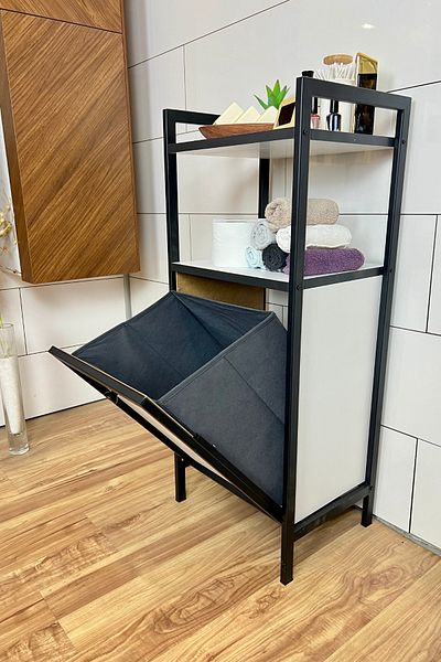 Milonsa Μεταλλικό ξύλινο ντουλάπι μπάνιου Καλάθι πλυντηρίου - Dirty Basket Ξύλινο ντουλάπι μπάνιου - Ράφι μπάνιου 2 επιπέδων