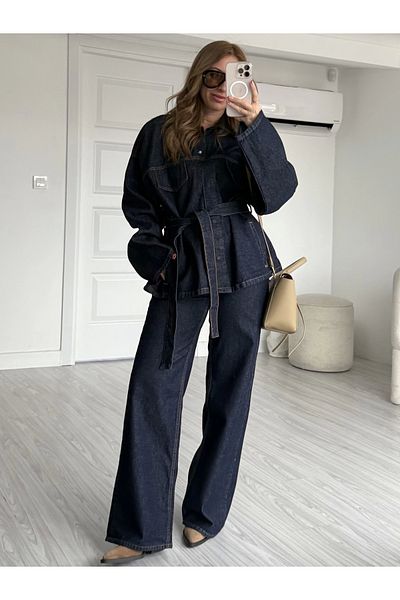 KÜBRA SÖYLEMEZ BOUTİQUE Navy Blue Belted Denim Jacket Pants Set
