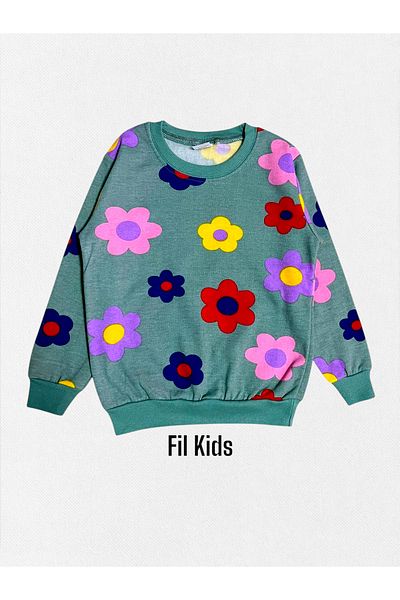 Fil Kids Set de pijamale cu mânecă lungă pentru fete, 100% bumbac, cu model de flori verzi