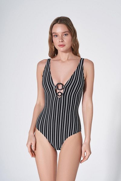 HAREM SUARE Plaisir V-Neck Swimsuit Black/white Striped