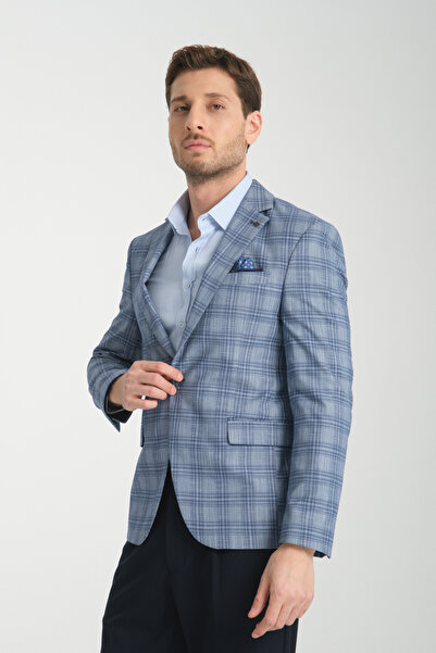 Frappoli Açık Lacivert Ekose Slim Fit Dar Kesim Erkek Blazer Ceket
