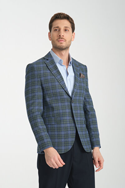 Frappoli Ανδρικό Nina Navy Blue - Πράσινο καρό Slim Fit Mono Collar Sports Blazer Jacket