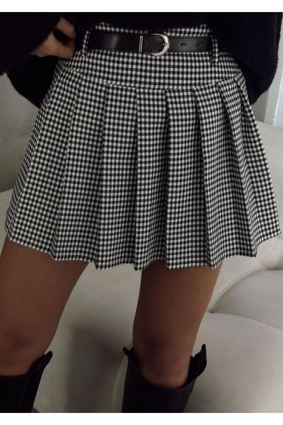 Leo Ferre Fusta mini pentru femei Pitikare alb-negru cu pantaloni scurți cu căptușeală cu centură pliată