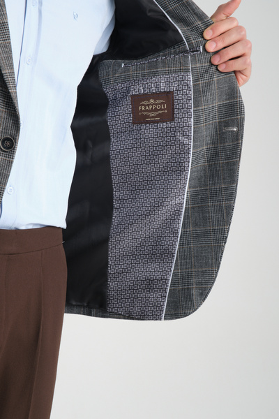 Frappoli Caswino Erkek Gri Ekose Slim Fit Mono Yaka Spor Blazer Ceket