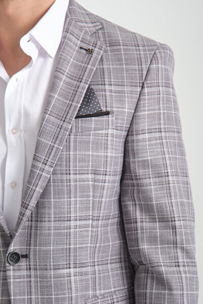 Frappoli Aradori Erkek Gri Ekose Slim Fit Mono Yaka Spor Blazer Ceket