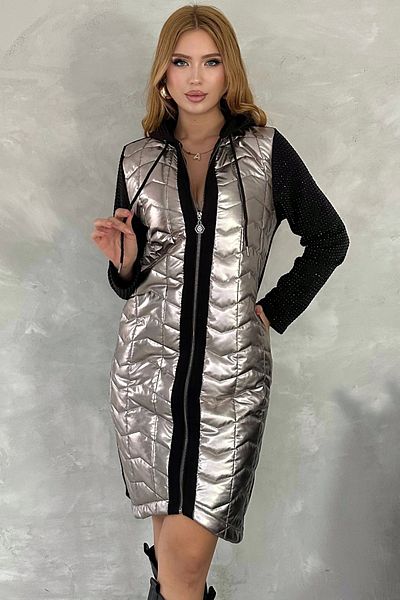RICH GLAM Crystal Stone Hooded Silver Quilted Long Zipper 3 Thread Women's Cardigan