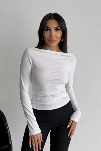 Ladima Γυναικεία μπλούζα από λευκό βαμβακερό μαλακό ελαστικό φαρδύ γιακά με λεπτομέρεια κουφέτα