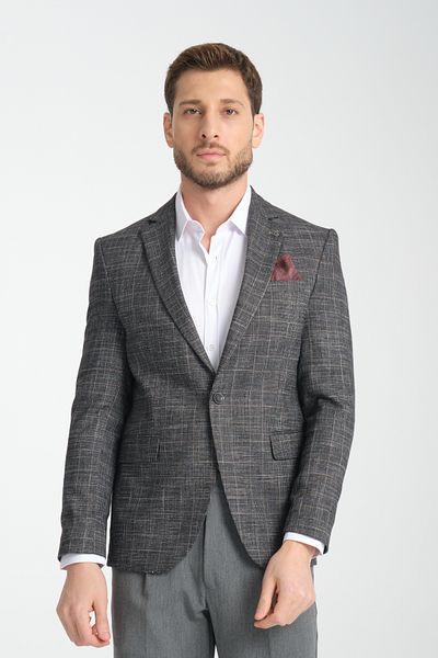 Frappoli Ανδρικό μαύρο καρό Caswino Slim Fit Mono Collar Sports Blazer Jacket