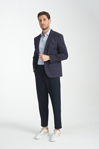Frappoli Maino Erkek Lacivert Ekose Yarım Astar Slim Fit Mono Yaka Spor Blazer Ceket
