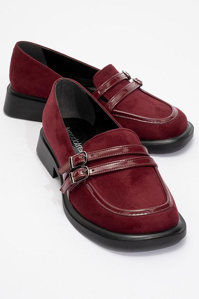 Ccway Burgundy Suede and Patent Leather Women's Loafers - Buckle
