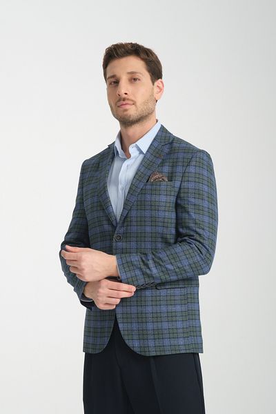 Frappoli Ανδρικό Nina Navy Blue - Πράσινο καρό Slim Fit Mono Collar Sports Blazer Jacket