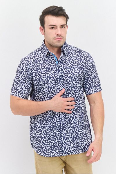 Vintage 1946 Men Regular Fit Printed Short Sleeves Casual Shirt, Navy