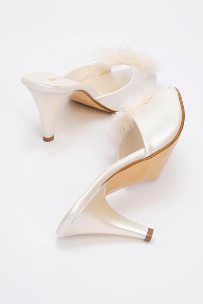 Ccway Γυναικείες παντόφλες με τακούνι με πούπουλα και πέρλες - SEDEF RUGAN