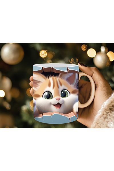 Evion Cute Cat Wall 3D Design Porcelain Mug - Gift Mug - Printed Mug