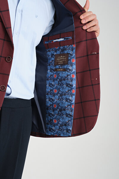 Frappoli Tadufe Erkek Bordo - Lacivert Ekose Slim Fit Mono Yaka Spor Blazer Ceket