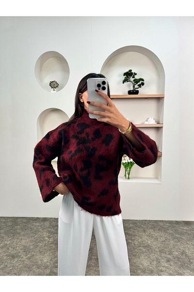 Elilook Pulover de damă, cu model leopard, cu guler ridicat