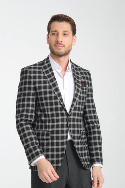 Frappoli Mario Erkek Siyah Ekose Slim Fit Mono Yaka Spor Blazer Ceket