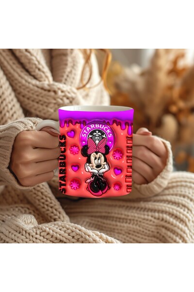 Evion Mickey Mouse Baskılı 3D Tasarım Porselen Kupa Mug - Hediyelik Kupa Bardak - Baskılı Kupa