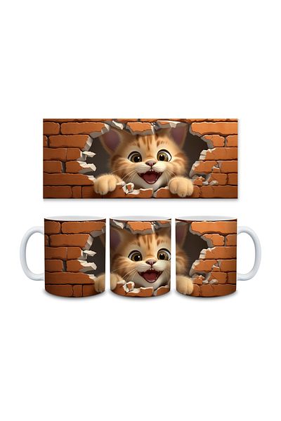 Evion Cute Cat Wall 3D Design Porcelain Mug - Gift Mug - Printed Mug