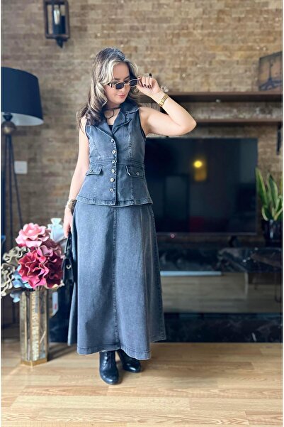 Cardella Premium Quality Τζιν Γιλέκο Φούστα Σετ δύο τεμαχίων Hijab Ασορτί τζι...