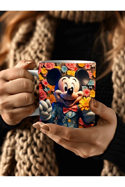 Evion Mickey Mouse Baskılı 3D Tasarım Porselen Kupa Mug - Hediyelik Kupa Bardak - Baskılı Kupa