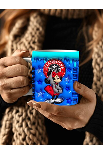 Evion Mickey Mouse Baskılı 3D Tasarım Porselen Kupa Mug - Hediyelik Kupa Bardak - Baskılı Kupa