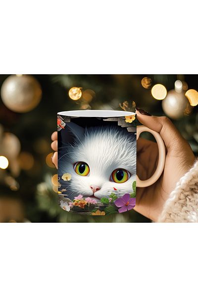 Evion Cute Cat Wall 3D Design Porcelain Mug - Gift Mug - Printed Mug