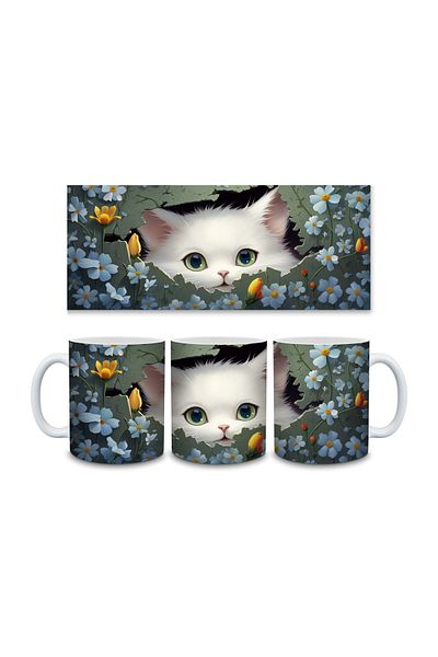 Evion Cute Cat Wall 3D Design Porcelain Mug - Gift Mug - Printed Mug